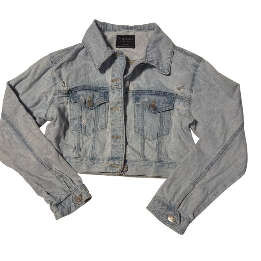 Streetwear Society Distressed Light Wash Cropped Denim Jacket
